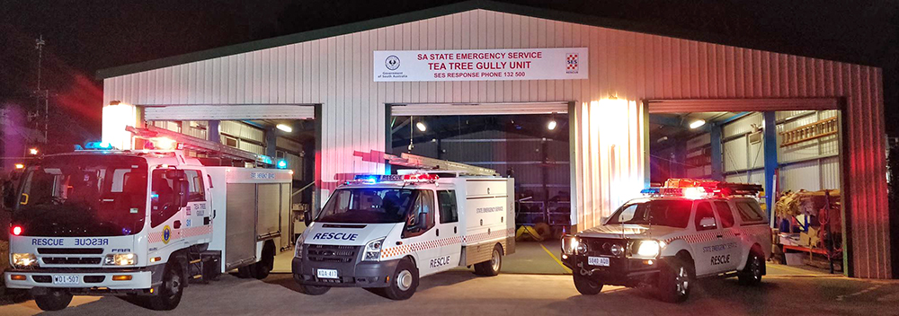 SA State Emergency Service rescue vehicles in front of the Tea Tree Gully Unit building